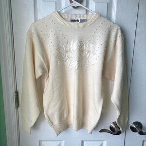 VTG Winter Novelty Sweater Womens S Cream Embroidered Bedazzled Cottagecore